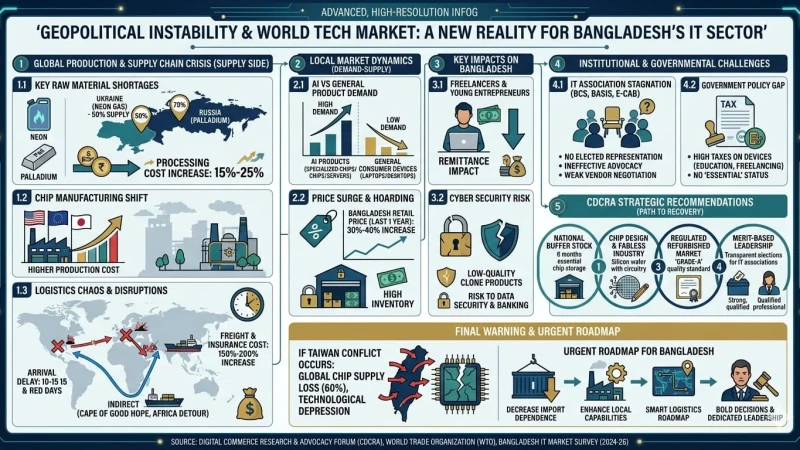 ভূ-রাজনৈতিক অস্থিরতা ও বিশ্ব প্রযুক্তি পণ্যের বাজার : বাংলাদেশের আইটি খাতের নতুন বাস্তবতা। 
