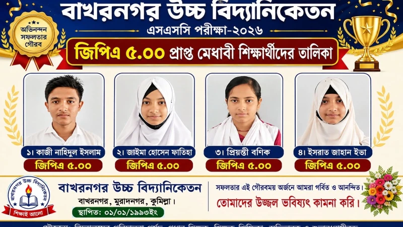 মুরাদনগরের বাখরনগর উচ্চ বিদ্যানিকেতনে এসএসসিতে জিপিএ-৫ পেল ৪ শিক্ষার্থী