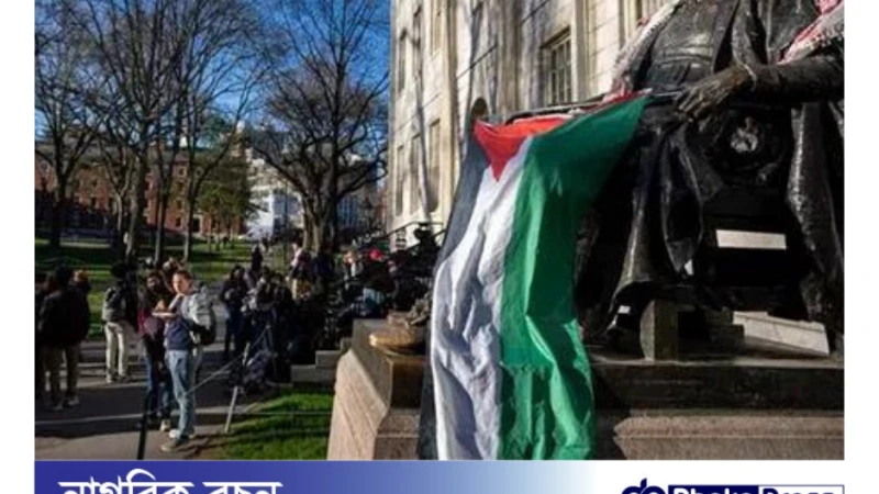 হার্ভার্ড বিশ্ববিদ্যালয়ে ফিলিস্তিনি পতাকা: বিক্ষোভকারীরা মার্কিন পতাকা নামিয়ে ফেলেছে
