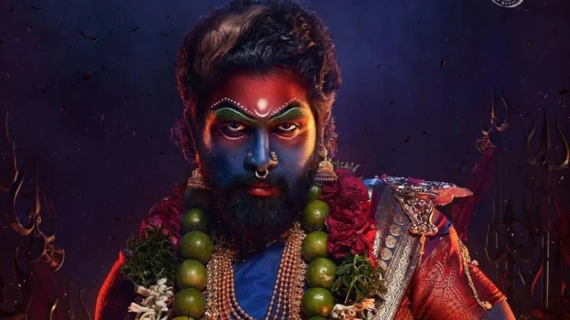 আল্লুর পরনে শাড়ি, নাকে নথ, গলায় লেবুর মালা